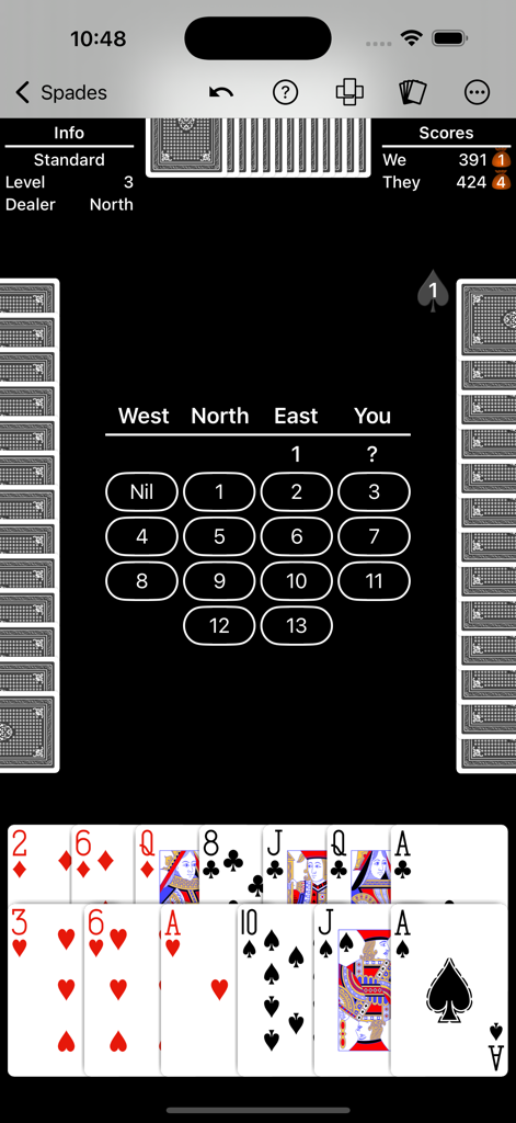 Spades - Expert AI - Spades mobile game bidding interface showing player hand and bid options from Nil to 13