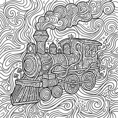Unleash your creativity with this unique psychedelic locomotive coloring page. Dive into a world of swirling patterns and intricate details, transforming a classic train into a vibrant, trippy masterpiece.