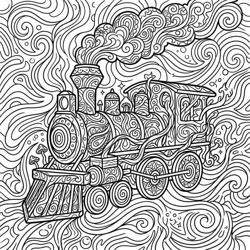 Unleash your creativity with this unique psychedelic locomotive coloring page. Dive into a world of swirling patterns and intricate details, transforming a classic train into a vibrant, trippy masterpiece.