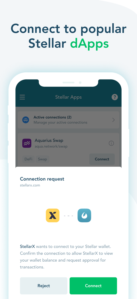 LOBSTR Wallet-Oberfläche, die eine Verbindungsanfrage zu dezentralen Stellar-Anwendungen zeigt