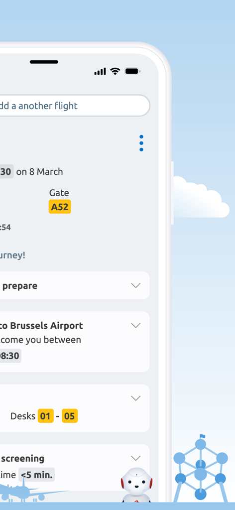 Brussels Airport - Interfaccia dell'app mobile dell'Aeroporto di Bruxelles che mostra le informazioni sul gate del volo e i tempi di attesa ai controlli di sicurezza