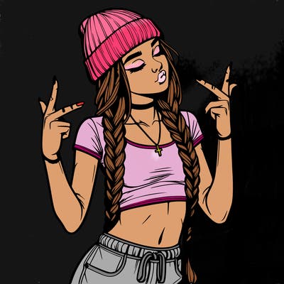 realistic teenage girl with braids and a beanie and crop top doing 🫶🏼