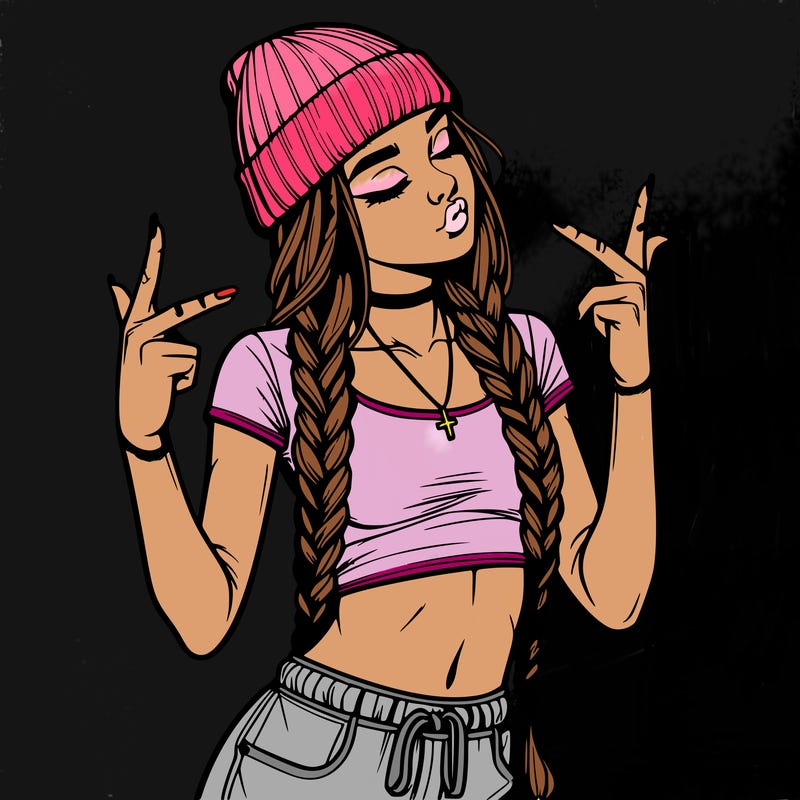 realistic teenage girl with braids and a beanie and crop top doing 🫶🏼