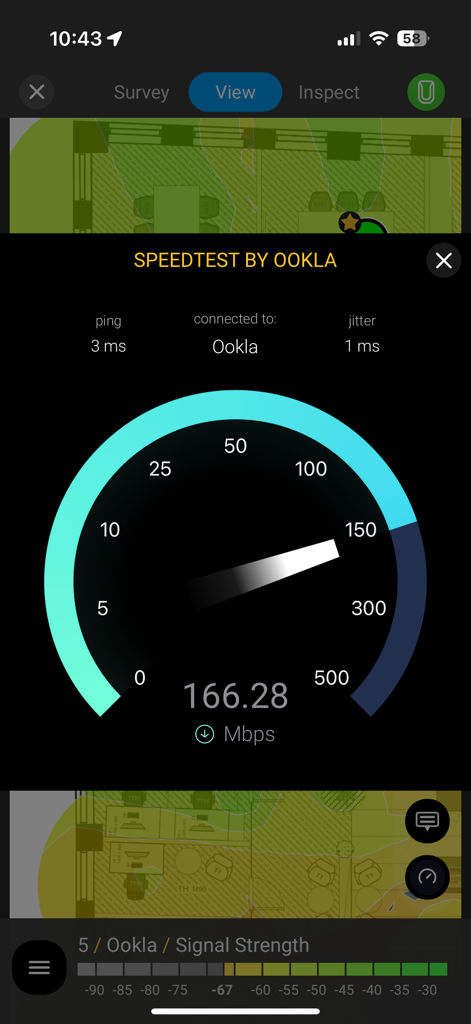 Ekahau Survey - Ekahau Survey app showing a Wi-Fi speed test with 166 Mbps download speed.