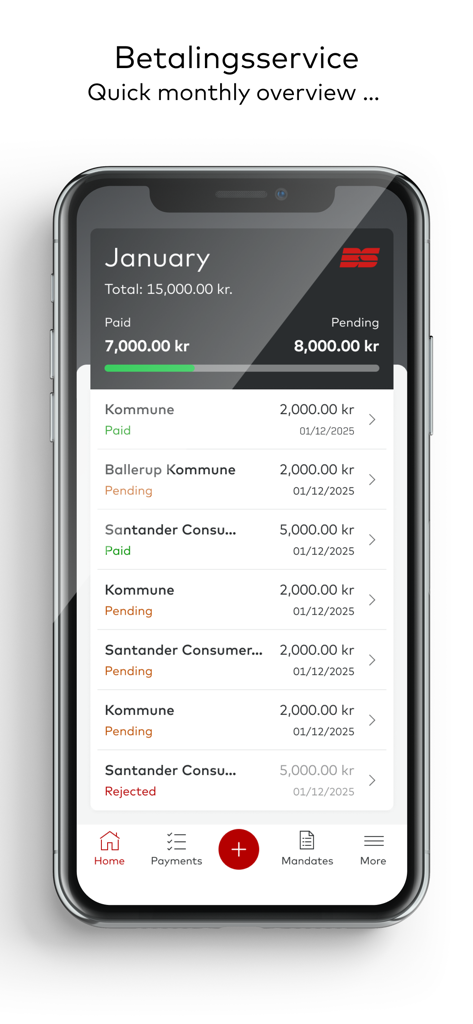 Mobile app screen showing a monthly overview of paid and pending bills in the Betalingsservice application.