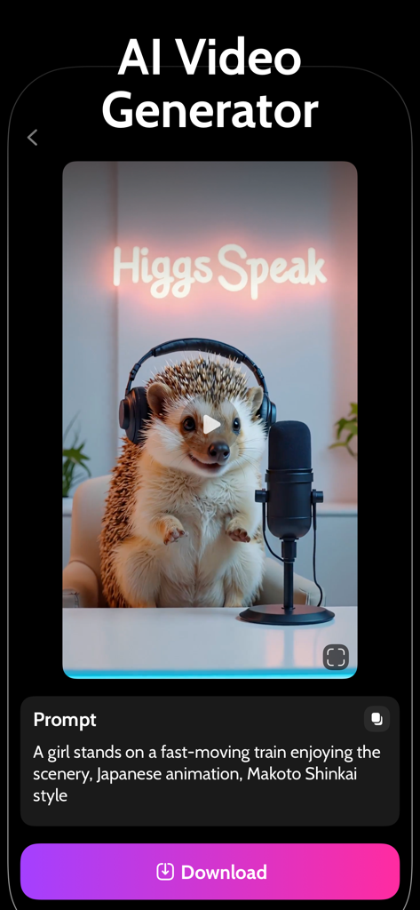 Vigo-AI Video Creator - Vigo AI Video Creator app screen showing an AI generated video of a hedgehog wearing headphones and a text prompt field.
