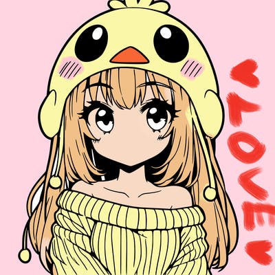 anime girl with chick shaped hat with sweater with bare shoulders with bangs covering them one eye with low tail