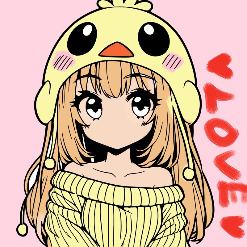anime girl with chick shaped hat with sweater with bare shoulders with bangs covering them one eye with low tail