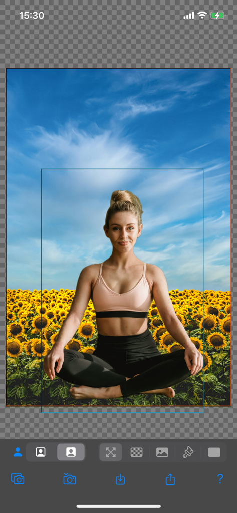 Background Replacer - ひまわり畑の上に編集されているヨガのポーズをとっている女性を示すBackground Replacerアプリのインターフェイス