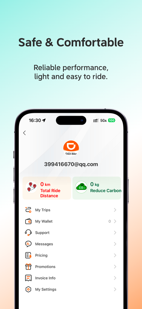 DiDi Bike - DiDi Bike app user profile dashboard showing ride distance, carbon reduction statistics, and navigation menu.