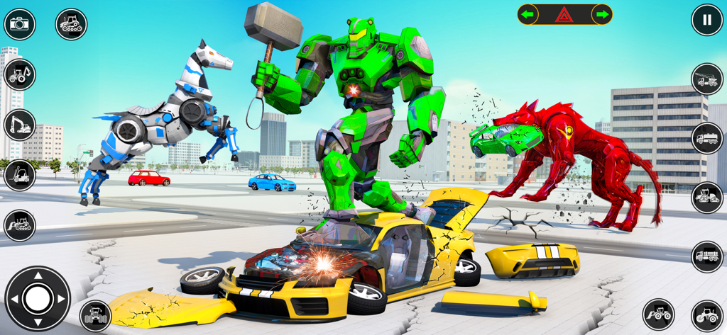 Super Robot Transform Games 3D - A giant green robot crushes a yellow car while a mechanical horse and red wolf robot stand in a city environment.
