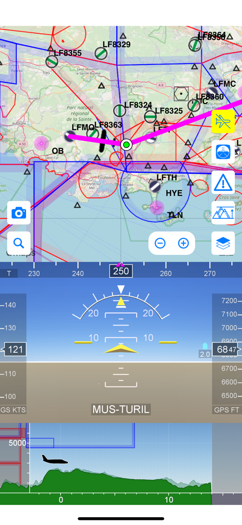 Airmate - Airmate flight app interface featuring a moving aeronautical map, electronic flight instruments, and a terrain elevation profile