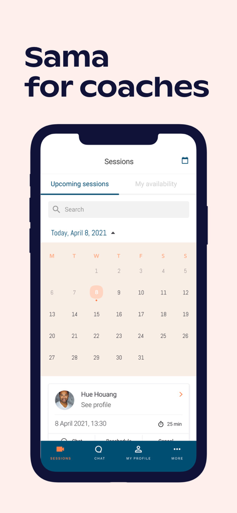 Sama Coach: Sama for coaches - Sama Coach app interface showing a monthly calendar and upcoming coaching sessions