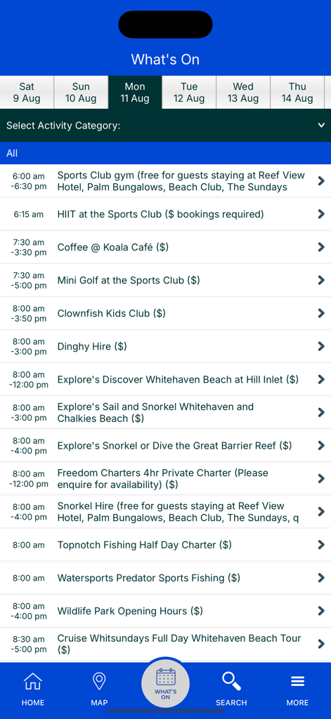 해밀턴 아일랜드 앱의 '오늘의 일정' 화면에 일일 리조트 활동 및 섬 투어 목록 표시