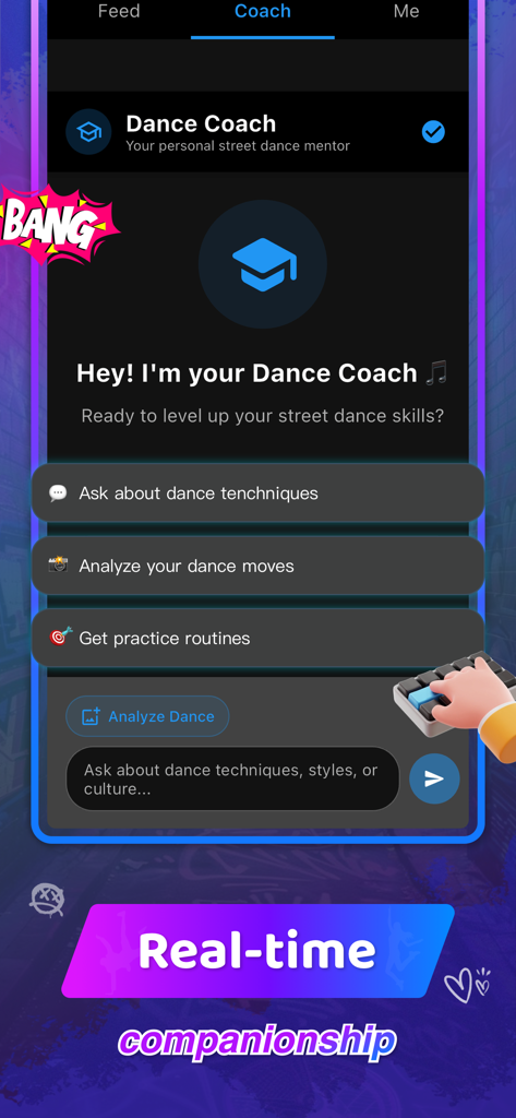 Zeni - Dance & Social - Tela do coach de dança de IA do aplicativo Zeni mostrando opções para perguntar sobre técnicas, analisar movimentos e obter rotinas de prática