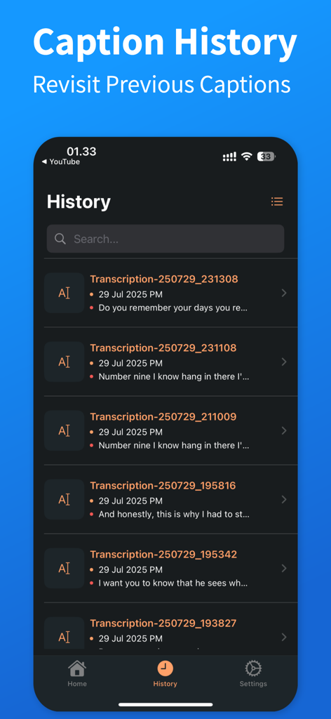 Tela de smartphone mostrando uma lista de transcrições de legendas de vídeo salvas no aplicativo Captions AI