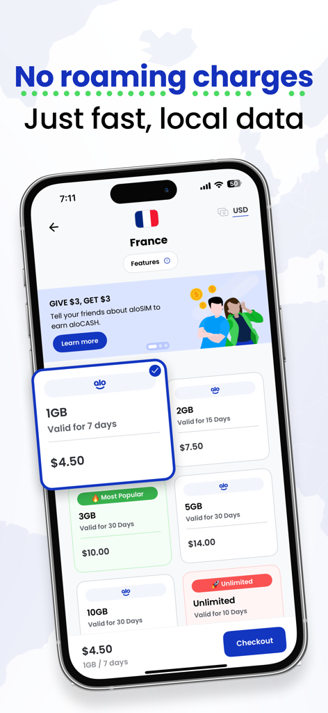 aloSIM: 5G Prepaid Travel eSIM - Schermata dell'app aloSIM che visualizza vari piani dati eSIM prepagati per viaggi in Francia.