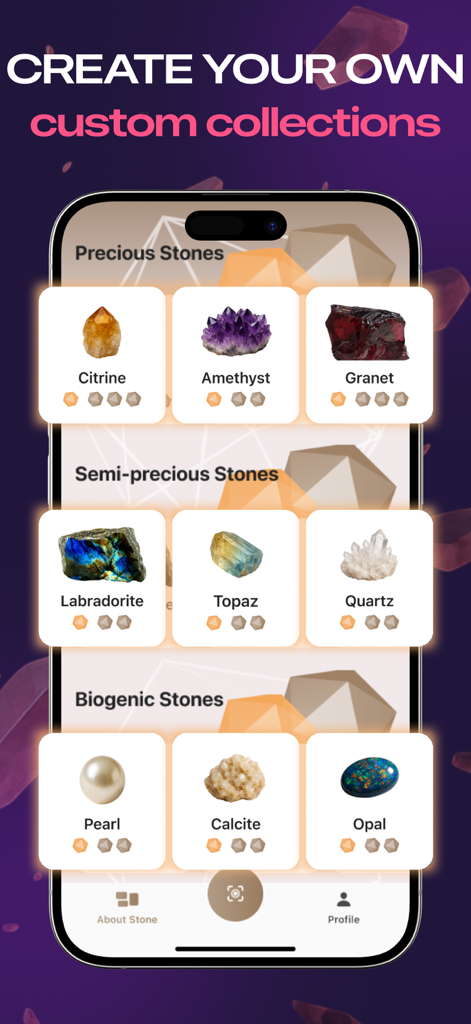 Rock Finder AI - Stone Scanner - Tela do aplicativo Rock Finder AI mostrando coleções organizadas de pedras preciosas semipreciosas e biogênicas