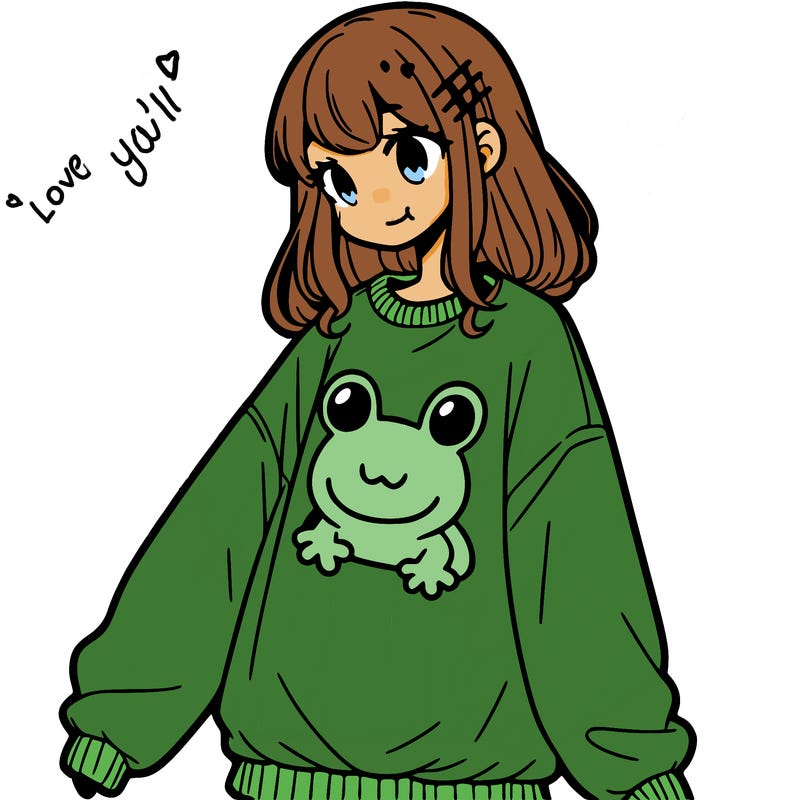 girl wearing frogging sweatshirt