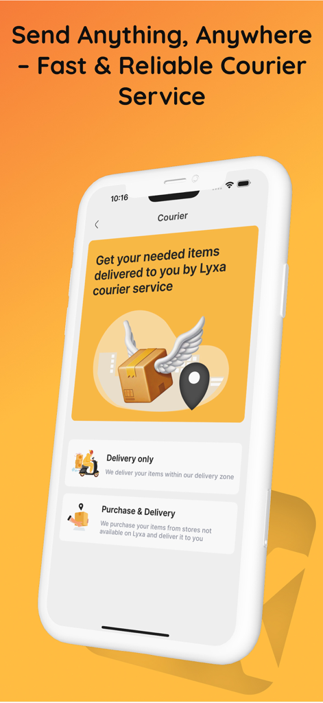 Un smartphone affichant l'interface du service de coursier de l'application Lyxa avec des options de livraison d'articles et d'achat personnalisé.