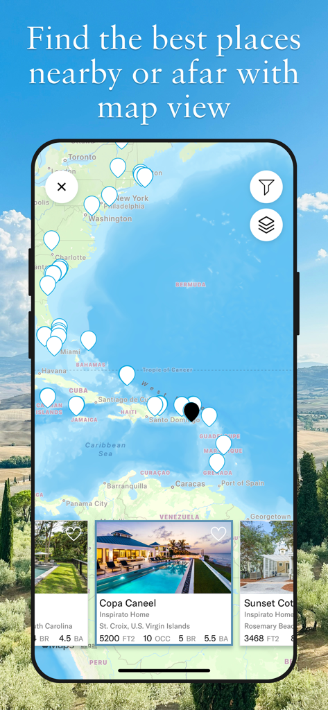 Inspirato app map view showing luxury vacation properties across the Caribbean and North America