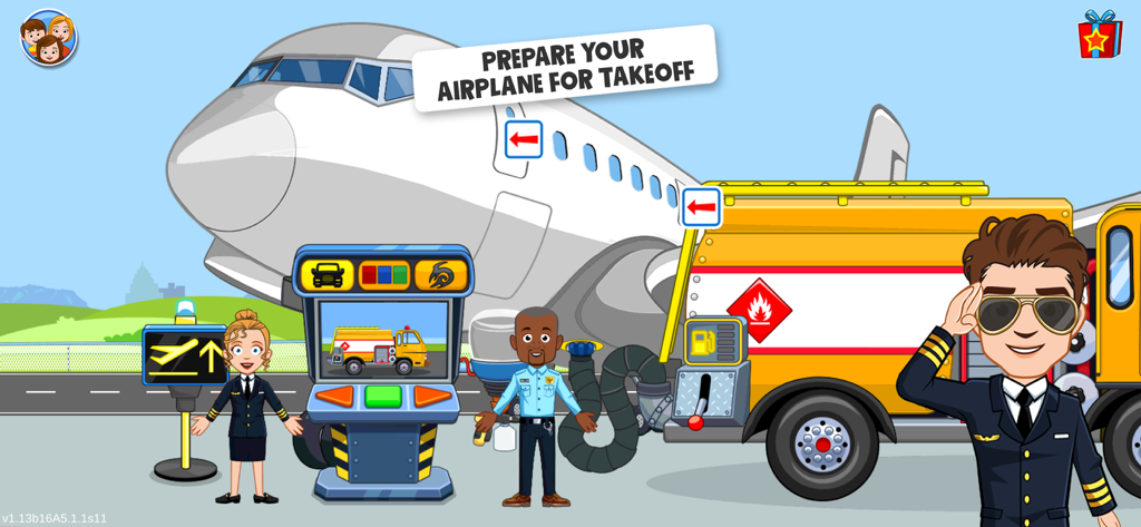 My Town : Airport - Personajes y un camión de combustible preparando un gran avión para el despegue en un escenario de aeropuerto de dibujos animados