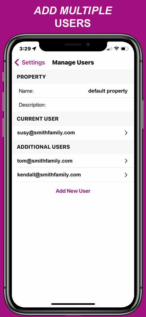 Interface of the Everspruce app showing the Manage Users screen where members of a family can collaborate on a shared home inventory.