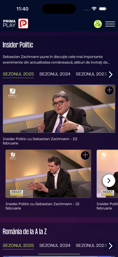 Prima Play - Interface of the Prima Play mobile app displaying episodes of the Romanian political talk show Insider Politic