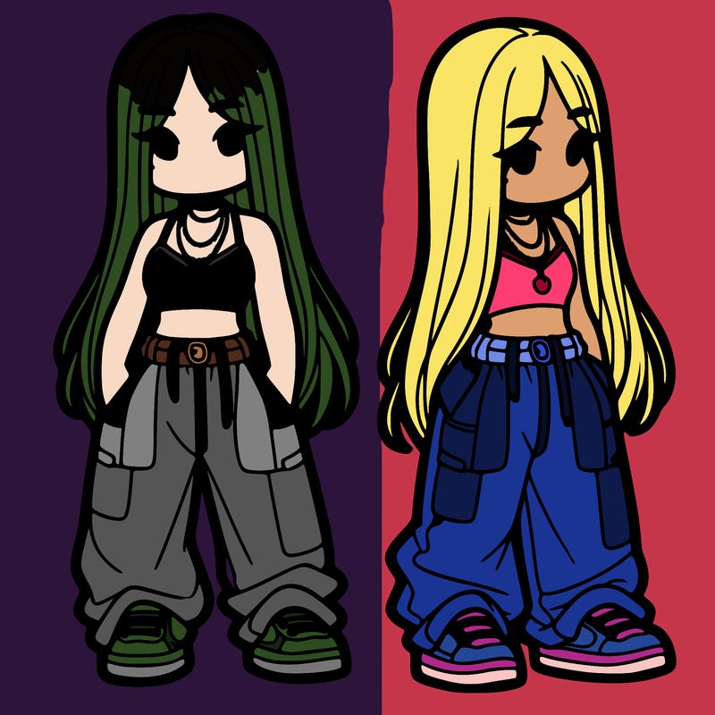 girl in baggy pants crop top and long hair