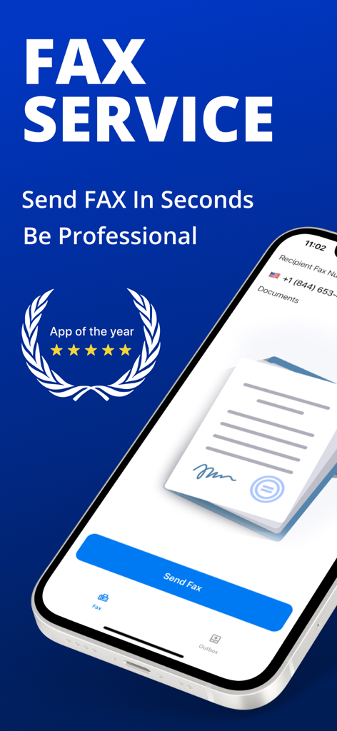 A smartphone displaying a professional fax service app interface with a send fax button.