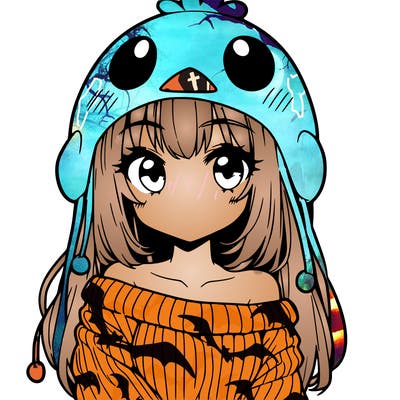 anime girl with chick shaped hat with sweater with bare shoulders with bangs covering them one eye with low tail