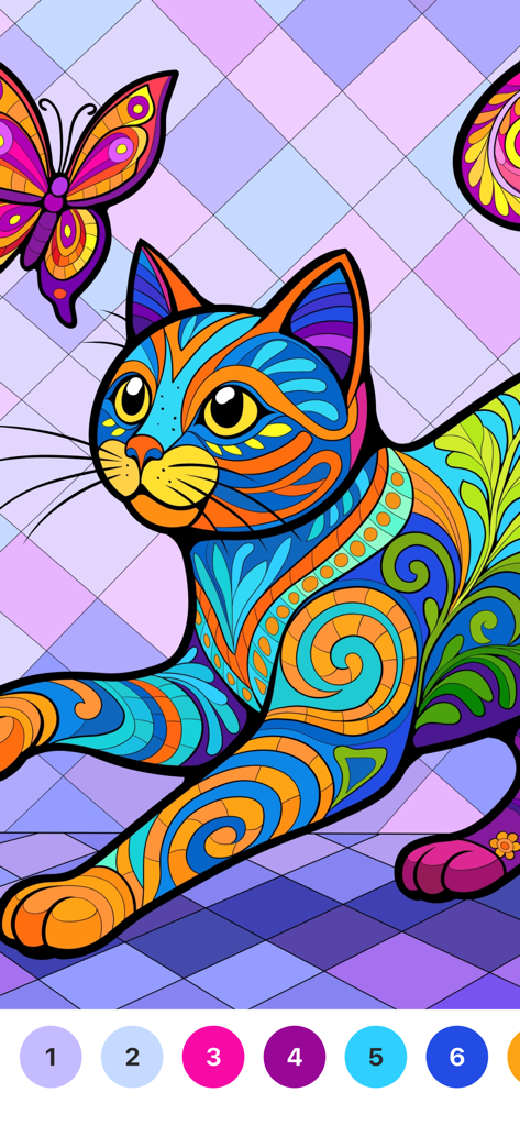 Farbenfrohes Katzen-Mandala-Design in der Zendala Color App