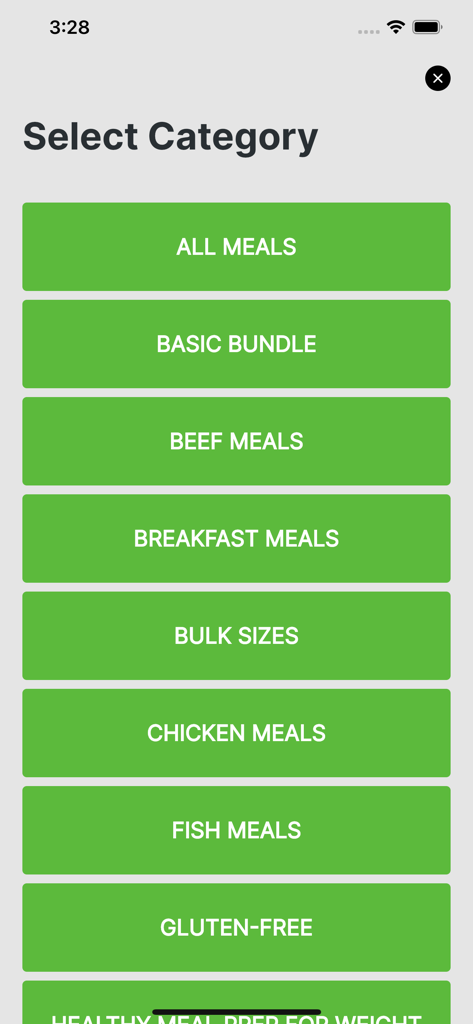 Interface do aplicativo Max Fit Meals mostrando a seleção de categoria de refeição com botões para opções de carne bovina, frango, peixe e sem glúten.