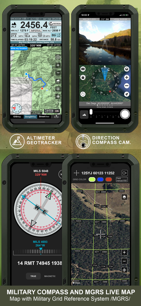 Military GPS Survival Kit app showing altimeter geotracker, direction compass camera, and MGRS live map navigation tools.
