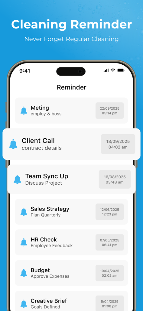 Water Ejector : Water Eject - Smartphone screen displaying the cleaning reminder interface with a list of scheduled maintenance tasks