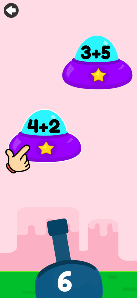 Educational math game for kids featuring addition problems on spaceships.