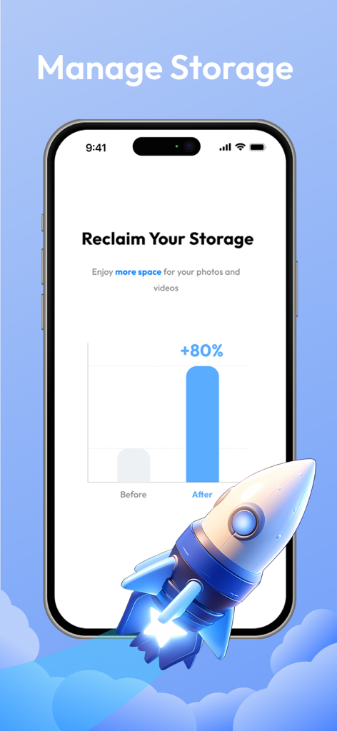 AI Cleanup: Photo Cleaner - Mobile app screen illustrating storage recovery with a graph and rocket