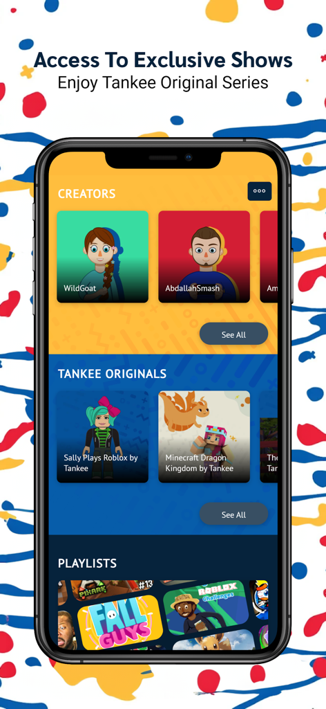 Mobile app interface of Tankee showing exclusive gaming shows creators and playlists for kids