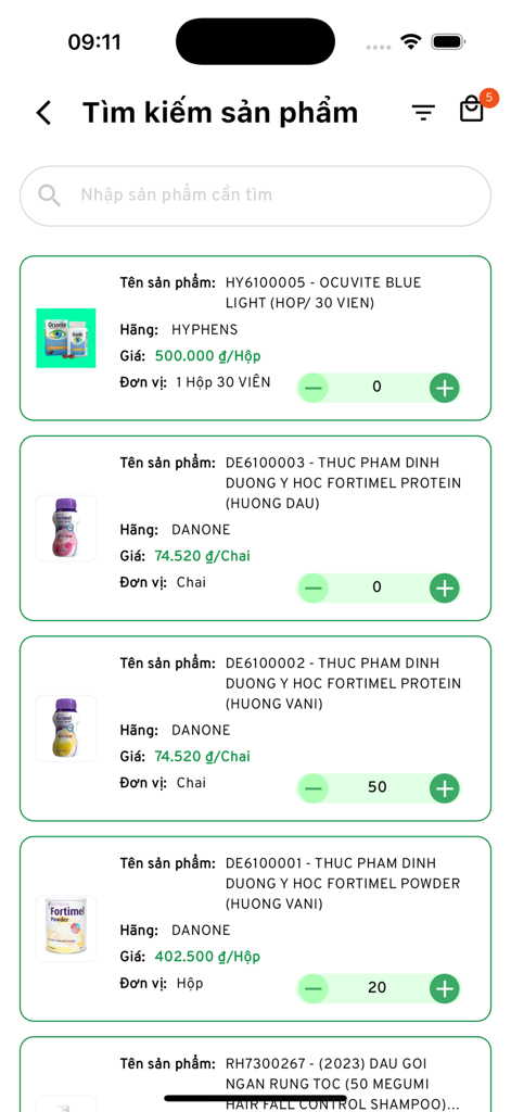 Hoàng Đức - A mobile app interface showing a list of pharmaceutical and medical products with prices and quantity selectors.