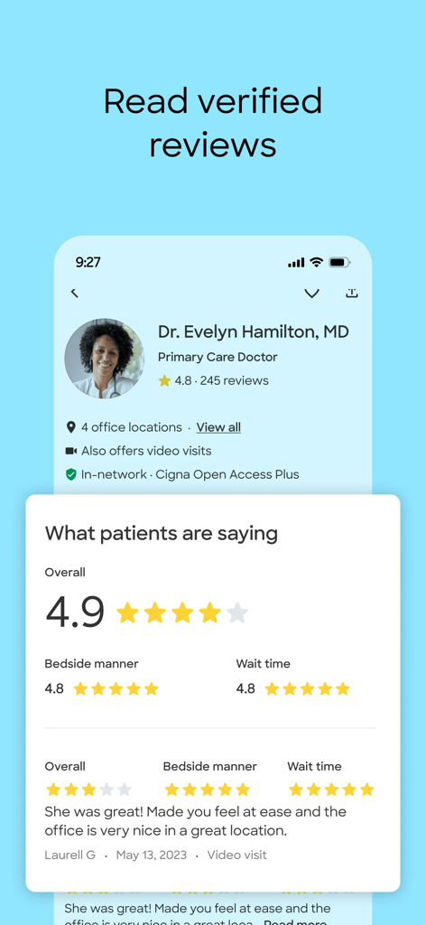 Zocdoc app interface displaying verified patient reviews and ratings for a primary care doctor