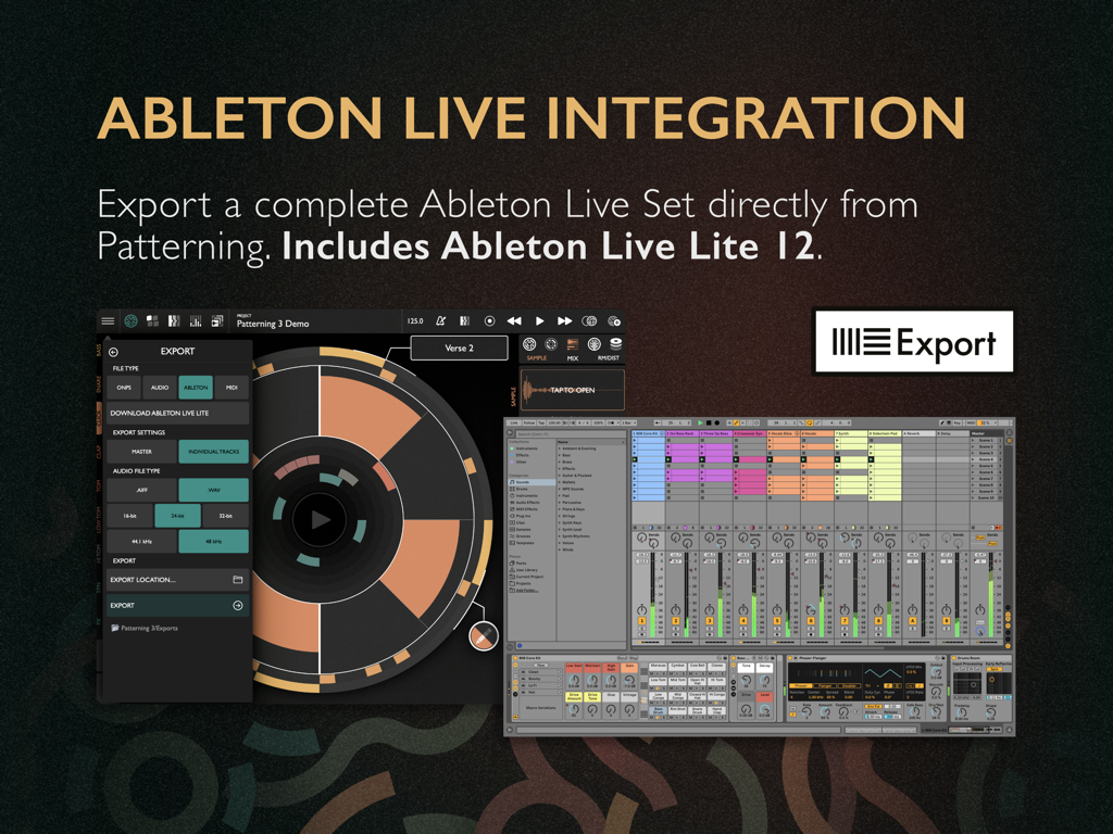 Patterning 3 : Drum Machine - Patterning 3 drum machine interface showing Ableton Live integration and export options