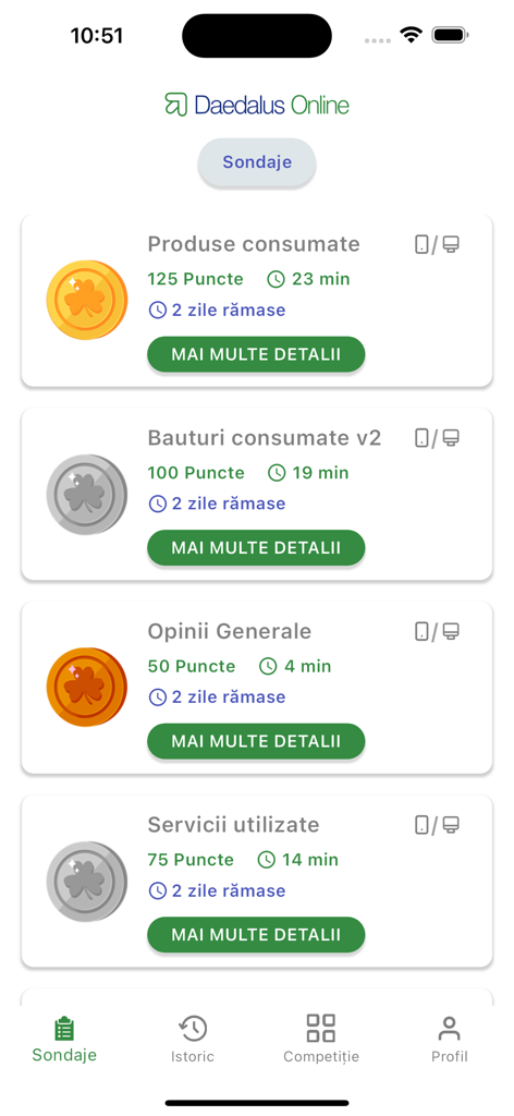 Daedalus Online - Daedalus Onlineアプリのモバイルアンケートリスト。報酬ポイントと推定完了時間が表示されます。