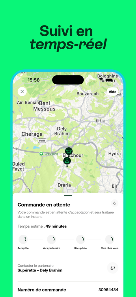Real-time delivery tracking interface on a map in the Fast app
