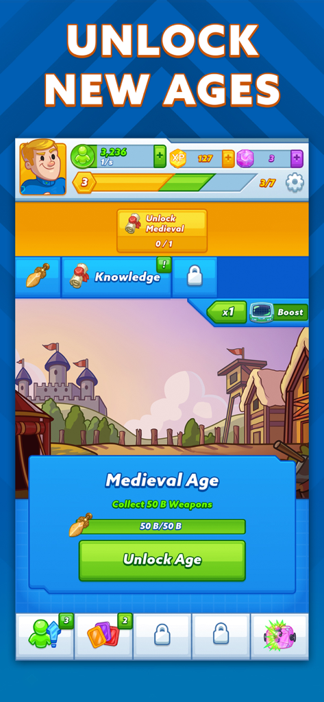 Captura de pantalla del juego de AdVenture Ages mostrando la interfaz para desbloquear la Edad Media