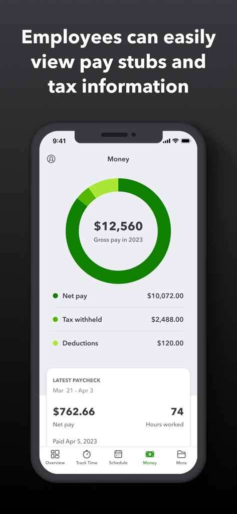 QuickBooks Workforce mobile app showing gross pay summary and latest paycheck details with net pay and hours worked