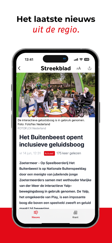 Streekblad Zoetermeer - 子供向けのインクルーシブサウンドアーチに関するStreekblad Zoetermeerアプリのローカルニュース記事