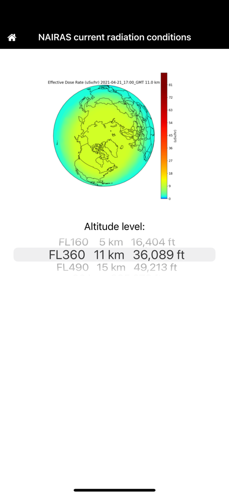 ARMAS - ARMASアプリで、高度36,000フィートでのリアルタイム放射線線量率を示す地球のマップ。