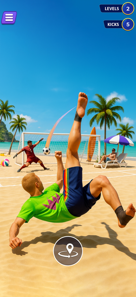 World Soccer Rematch League - 열대 해변에서 바이시클 킥을 하는 축구 선수