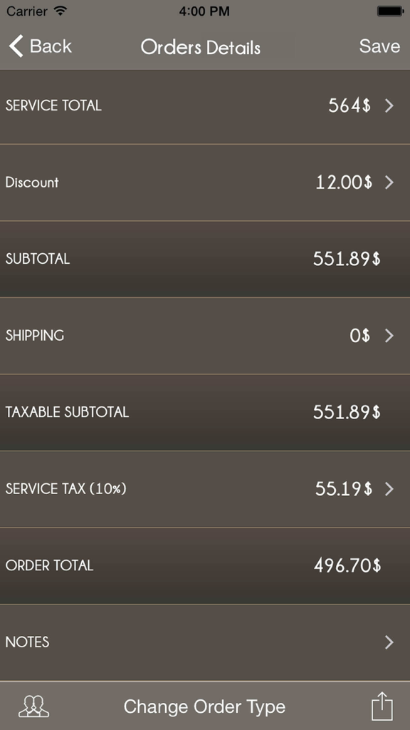 Invoice Mini: Create Invoices and Purchase Orders - 小計、税金、合計金額を含む注文詳細の概要を表示するモバイルアプリの画面