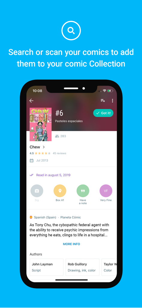 Whakoom: Organize Your Comics! - Whakoom app mobile interface showing details for a comic book including collection status and storage location